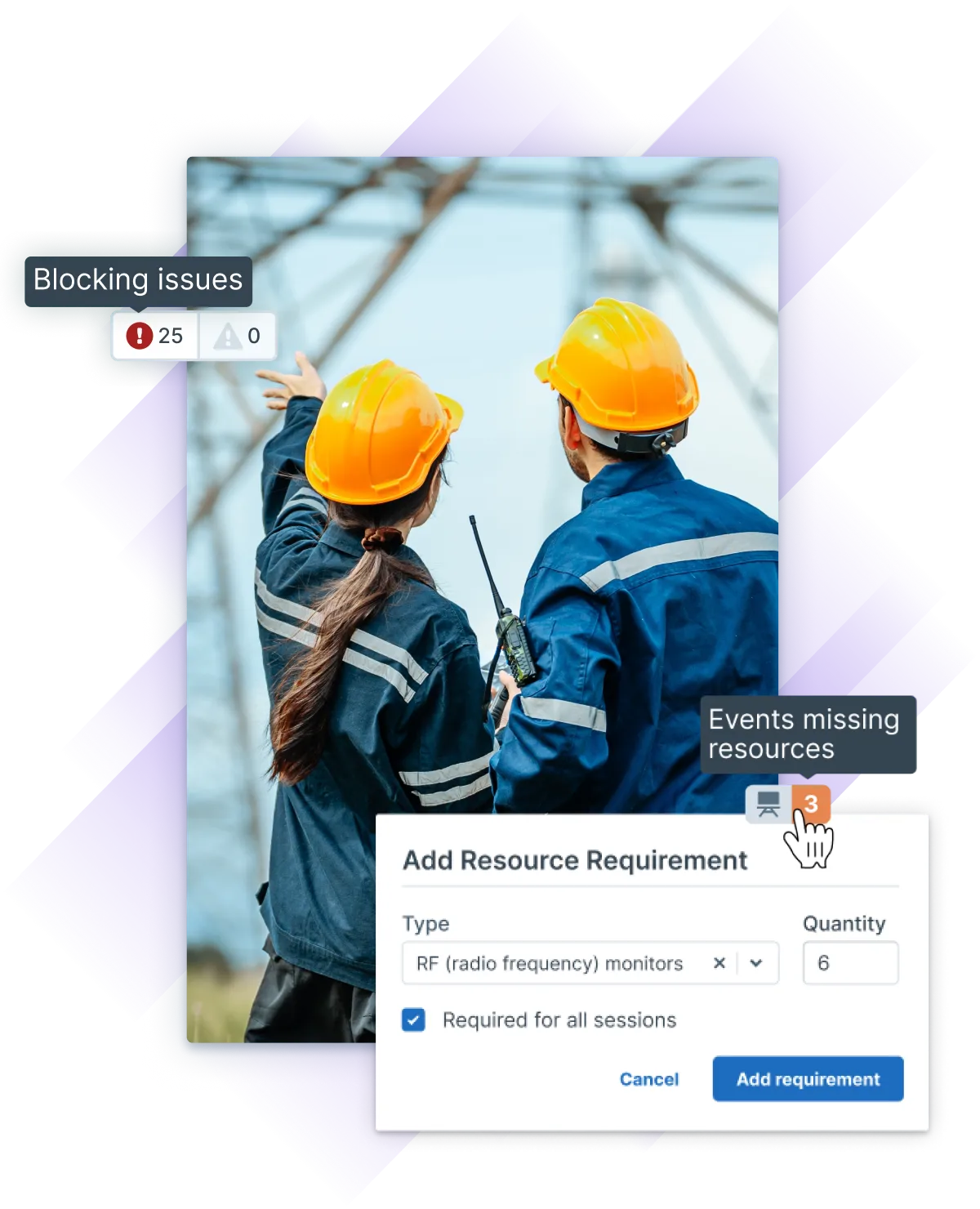 Two engineers in yellow hard hats and blue jackets analyze the structure of an electrical transmission tower, while Administrate interface elements show blocking issues and resource requirements for these types of trainings.