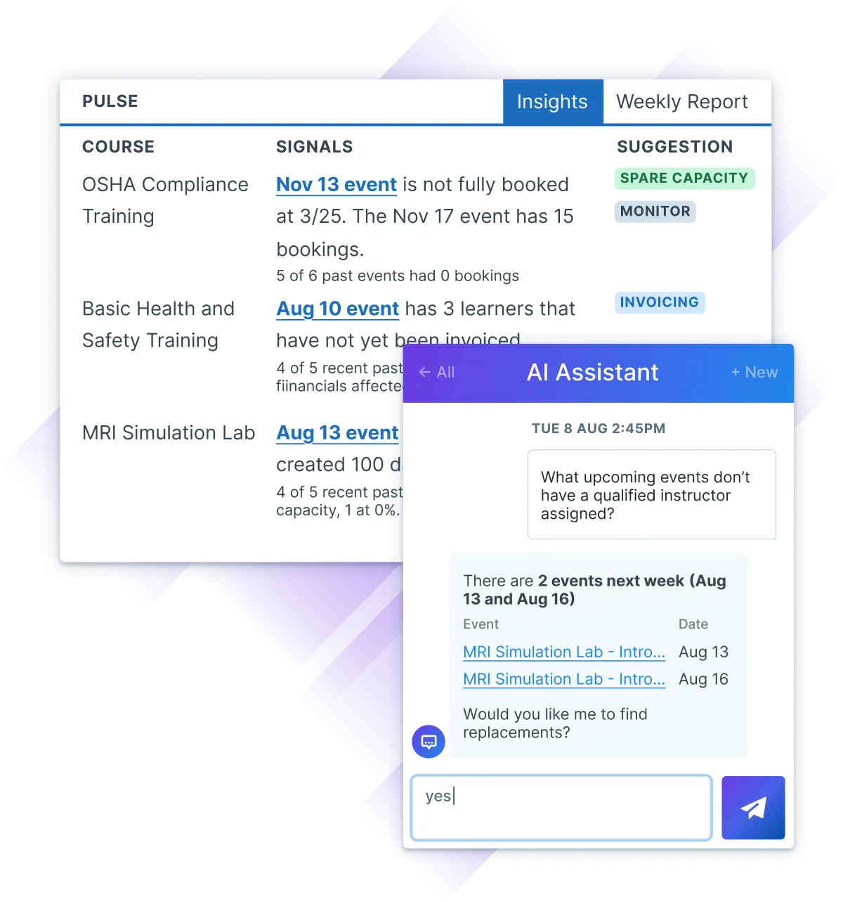 Administrate Insights data providing suggestions for multiple courses while a user asks Administrate's AI Assistant to solve some of those issues.