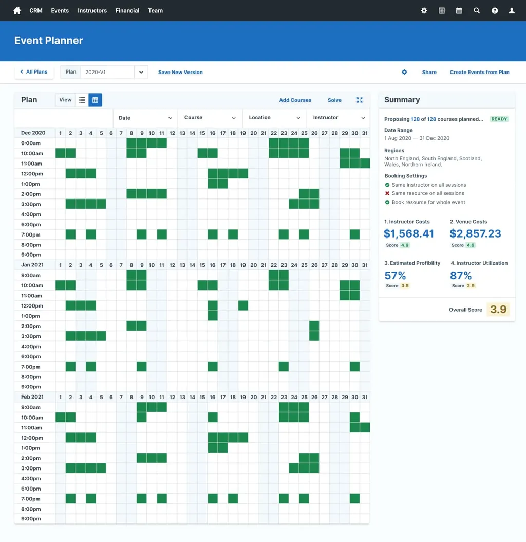 A view of the Event Planner in Administrate’s Scheduler tool.