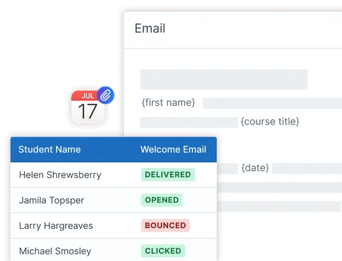 Screenshots of messaging windows and panels in Administrate showing email triggers, email notifications, and calendar attachments automated with Administrate.