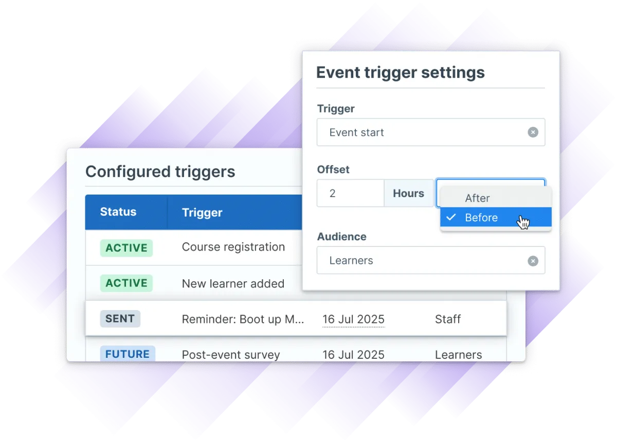 Screenshot of Administrate’s UI showing configurable event trigger settings for automated learner communications.