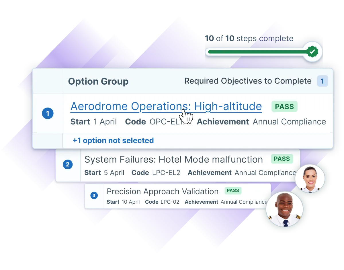 User hovering on one of the objectives completed by a learner for Pilot training, with completion rate highlighted for learners of this learning path.