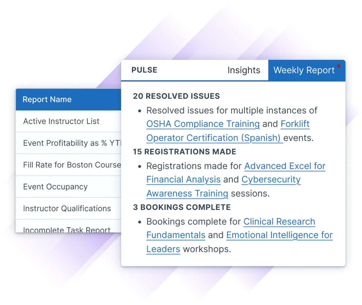 Administrate's reports alongside the new weekly report that is surfaced in the Administrate dashboard, which includes summaries of similar information along with hot links.