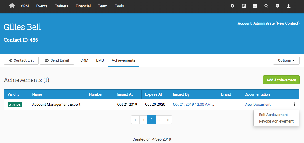Admin achievements tab on learner contact record