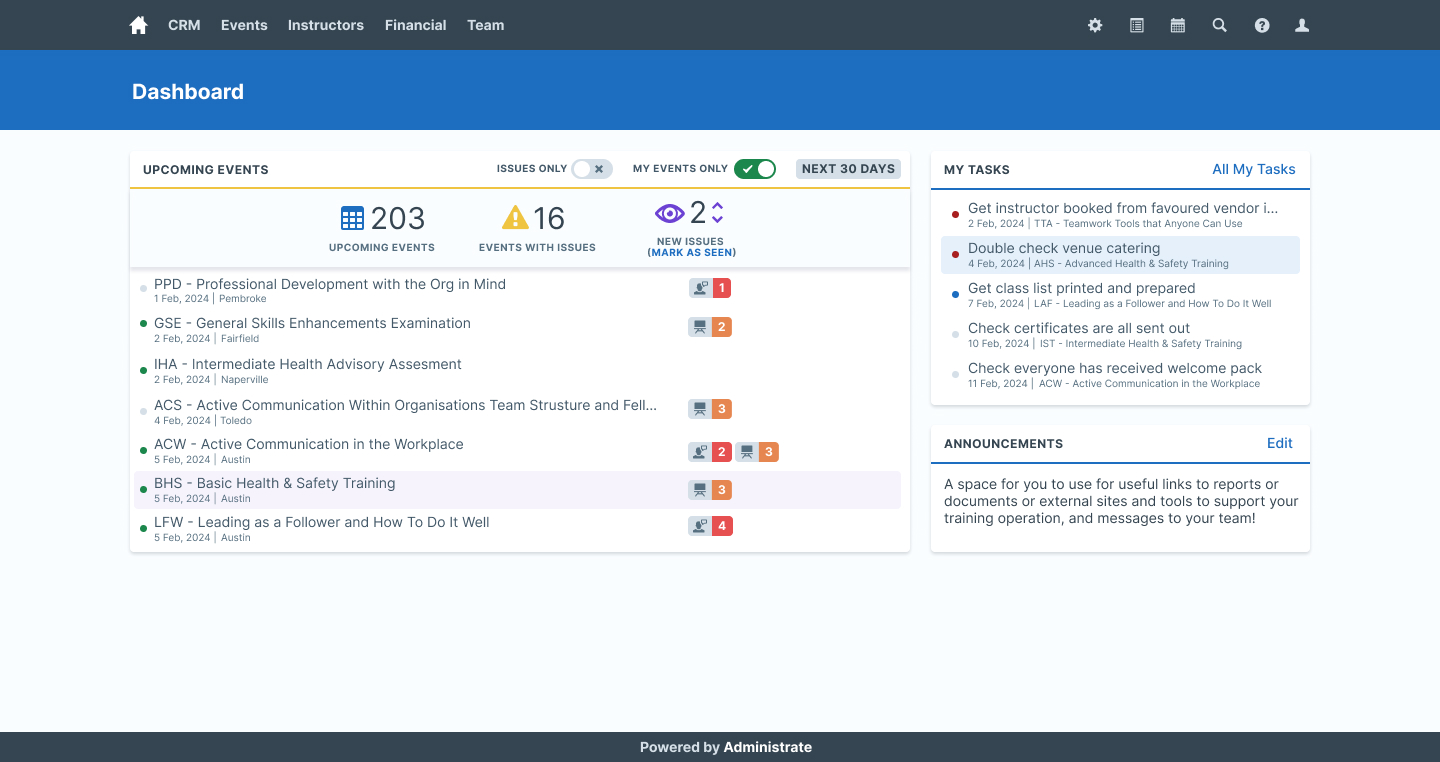 Training Dashboard overview