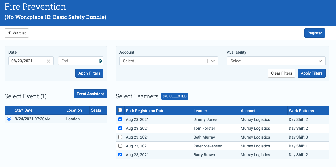 Register learners to event screen