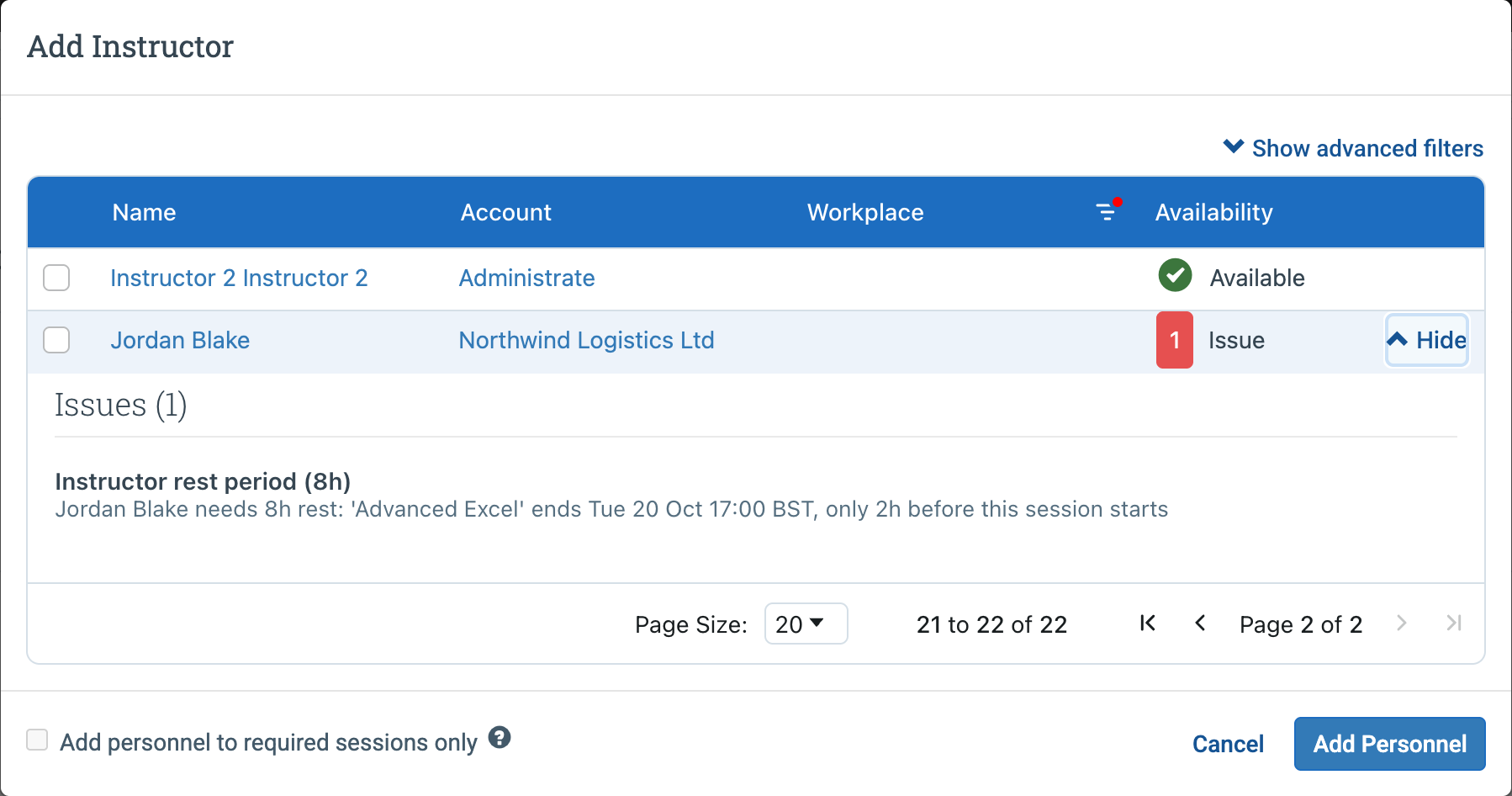 Add Instructor window showing a custom personnel issue