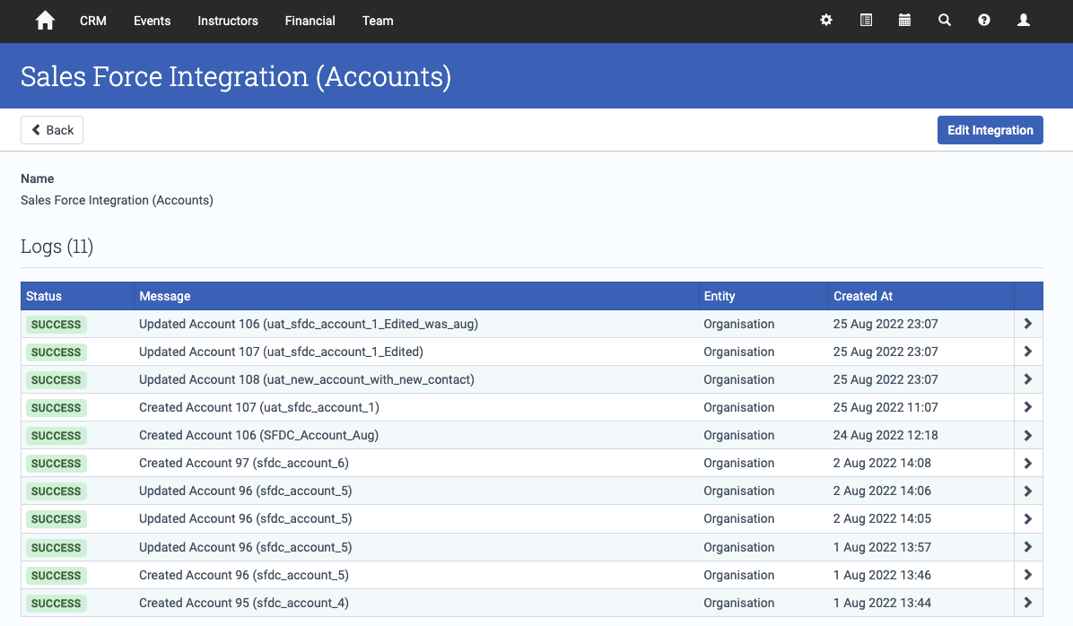 Salesforce integration log detail screen