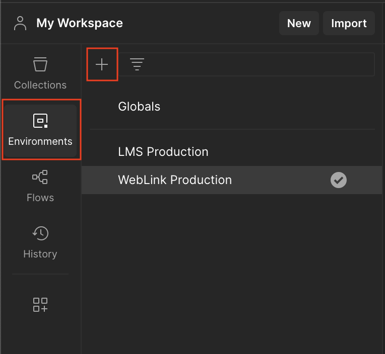 Screenshot showing how to create a new Postman environment