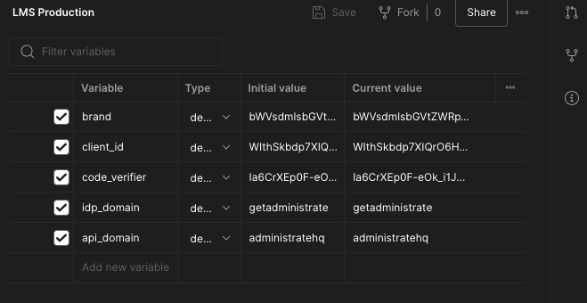 Screenshot showing environment values in Postman