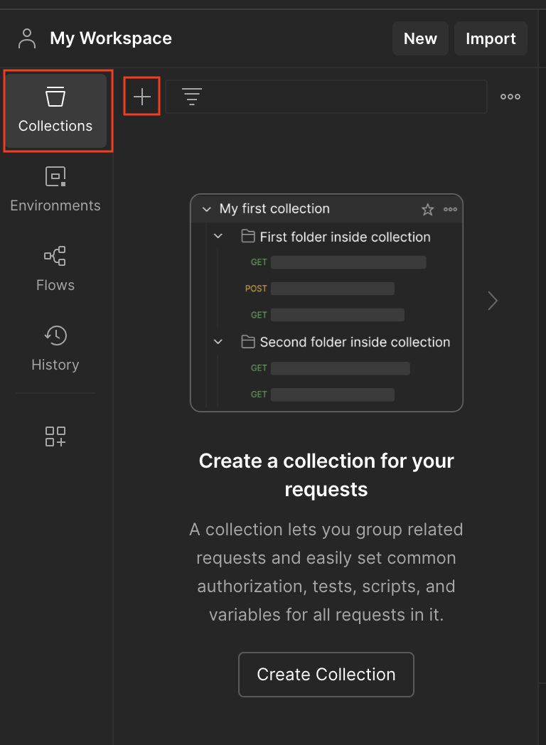 Screenshot showing how to create a new Postman collection