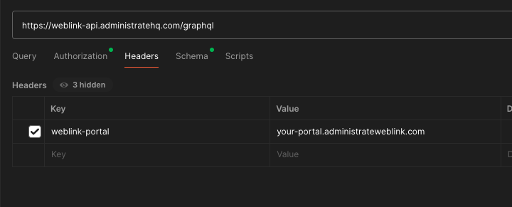 Screenshot showing the required weblink-portal header in Postman