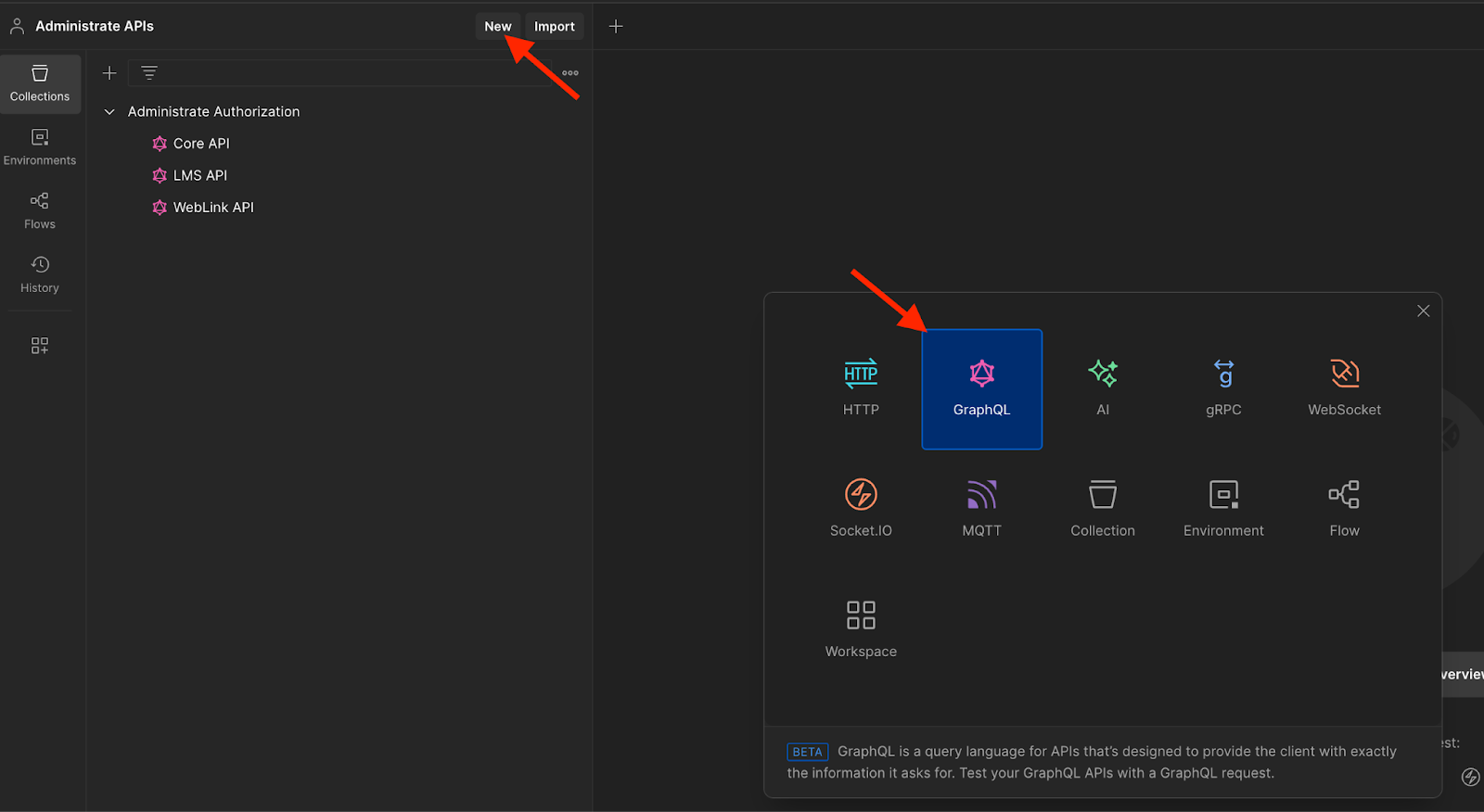 Creating a new GraphQL request in Postman