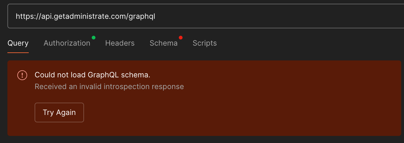 Could not load GraphQL schema error in Postman