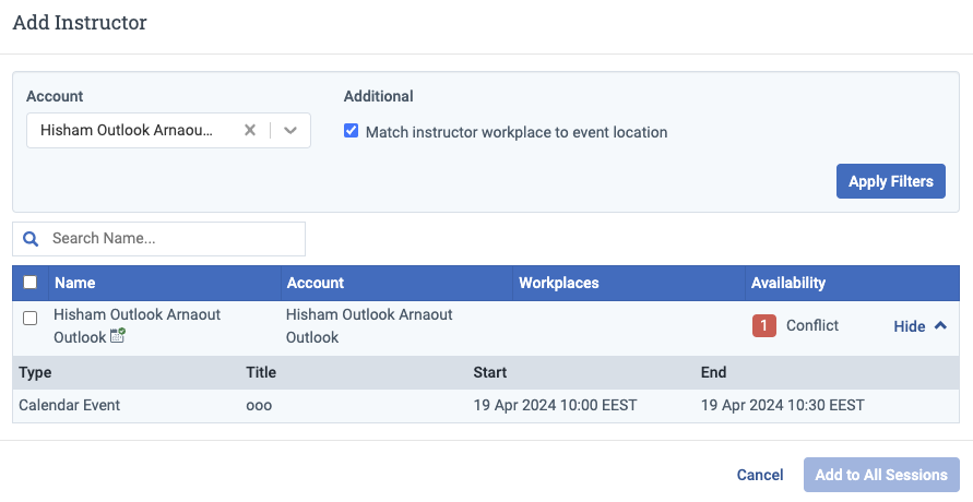Instructor assignment screen showing calendar sync conflict information