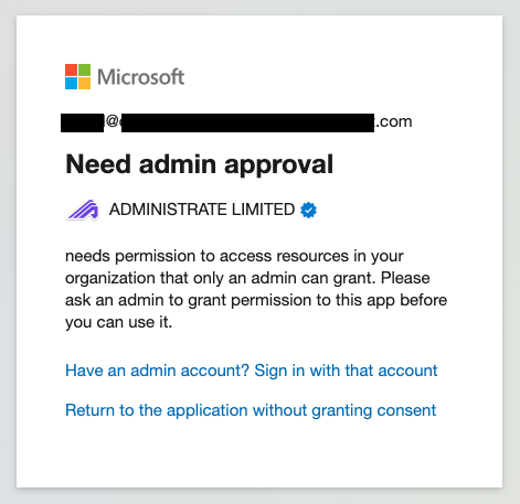 Microsoft admin approval screen for Administrate Calendar Sync