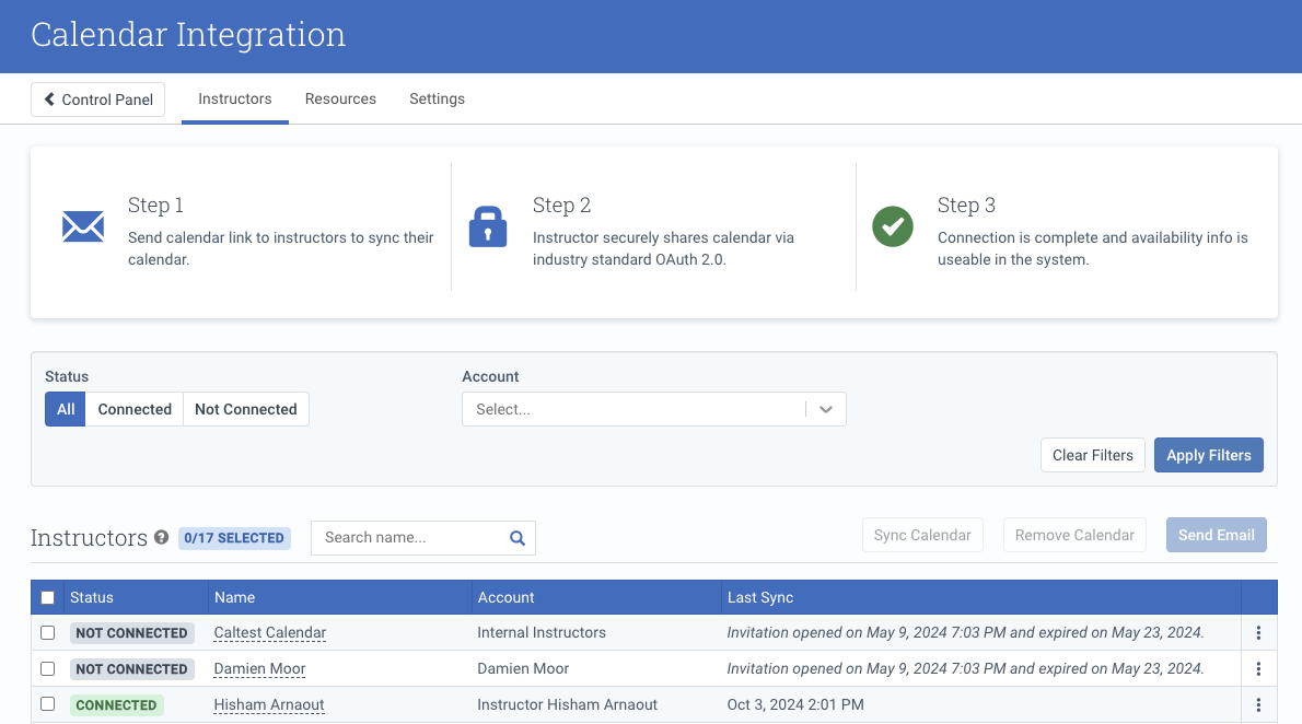 Calendar Integration screen showing instructor invitations and status
