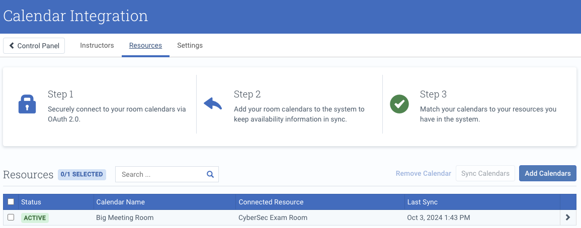 Calendar Integration screen showing room calendar settings