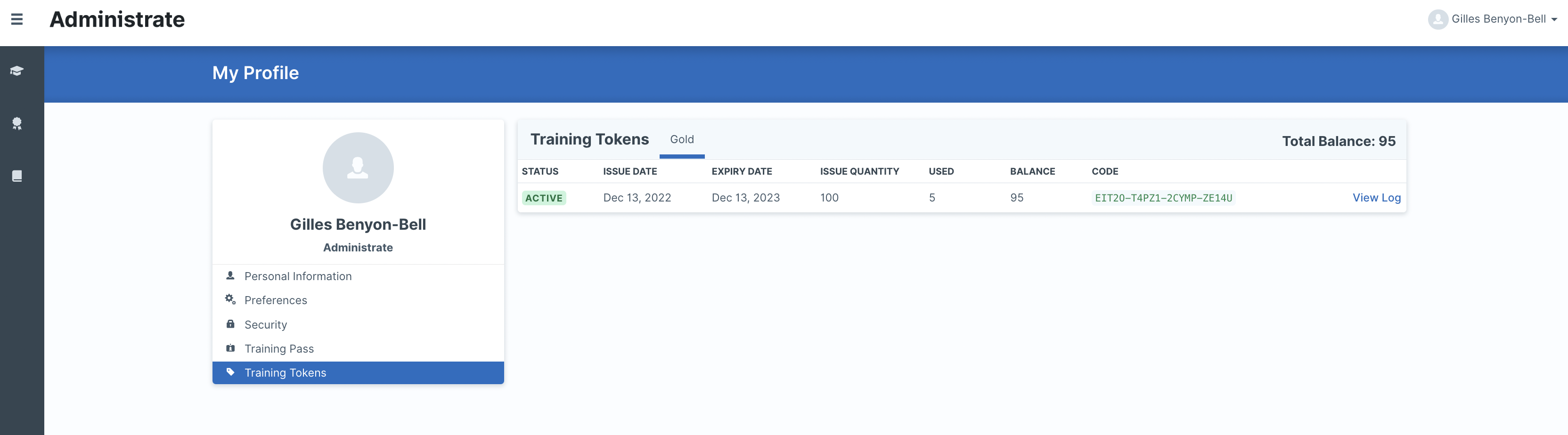 Student profile showing token code