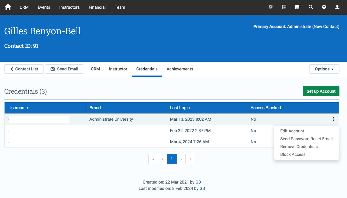 Credentials tab on the Contact screen
