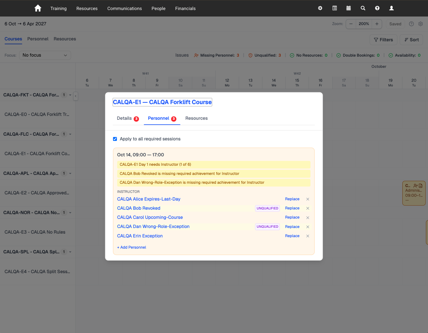 A Course’s Personnel tab in Calendar (alpha), listing the missing Instructor and two Instructors flagged as unqualified for missing a required Achievement