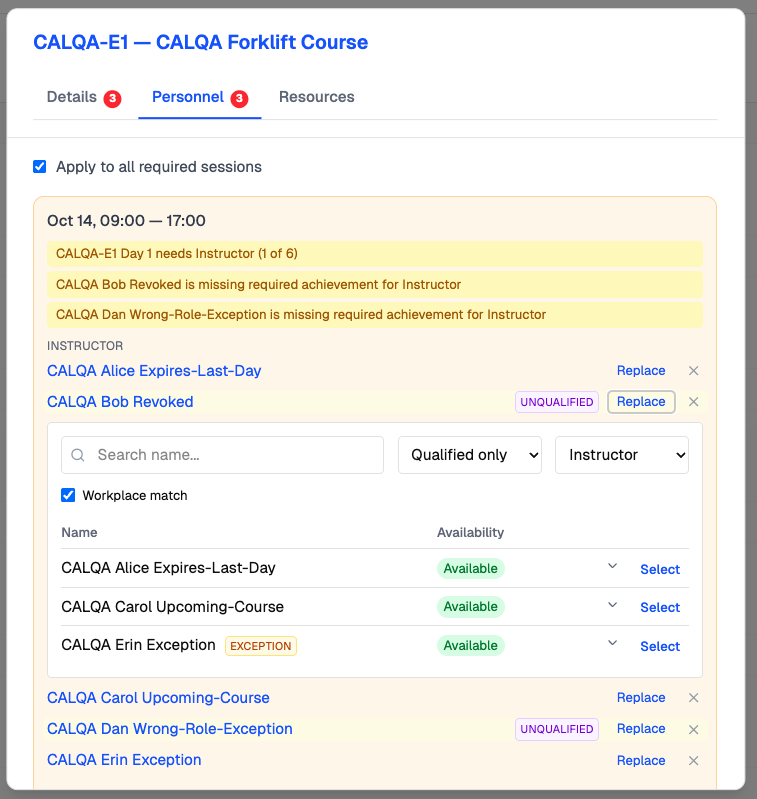 Replacing an unqualified Instructor in Calendar (alpha), with the picker filtered to qualified Instructors and an Exception tag on staff with an exception