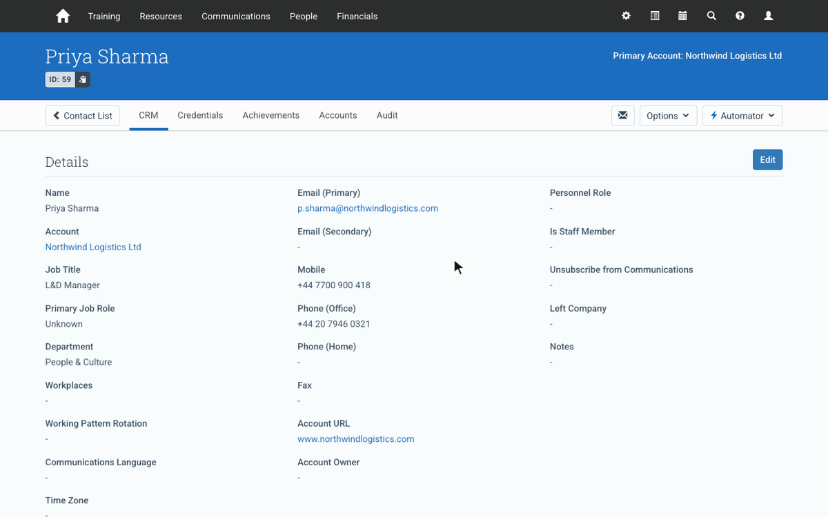 Viewing a merge on a Contact’s Audit tab