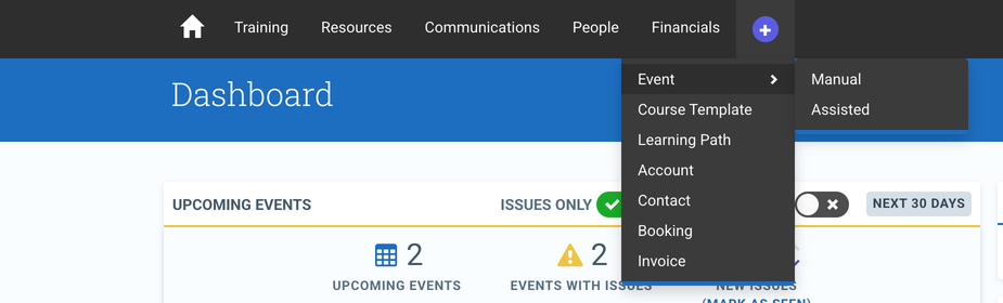 The new + menu, with Event > Manual and Assisted