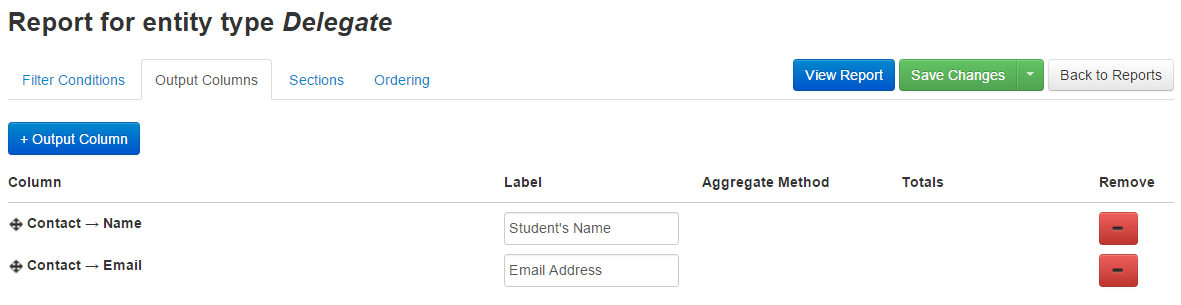 Output Columns example