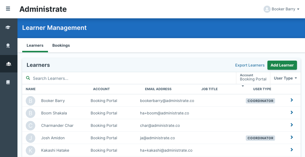 Learner Management screen