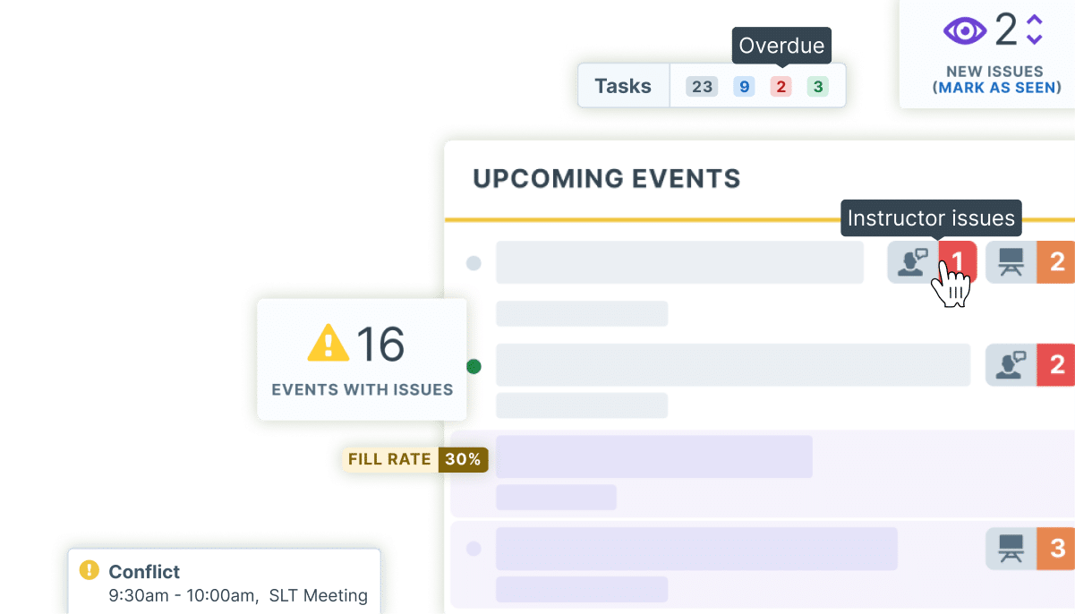 Screenshots of the issues and alerts dashboard in Administrate showing conflicts with upcoming events.