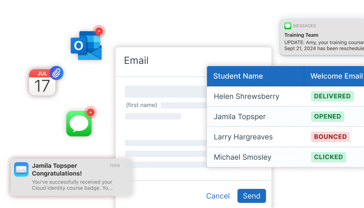 Screenshots of messaging windows and panels in Administrate showing email triggers, email notifications, and SMS messages automated with Administrate.