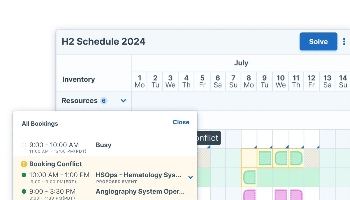 Screenshots of the planning canvas in Scheduler, an AI powered scheduling tool available with Administrate. These screens show additional booking options.