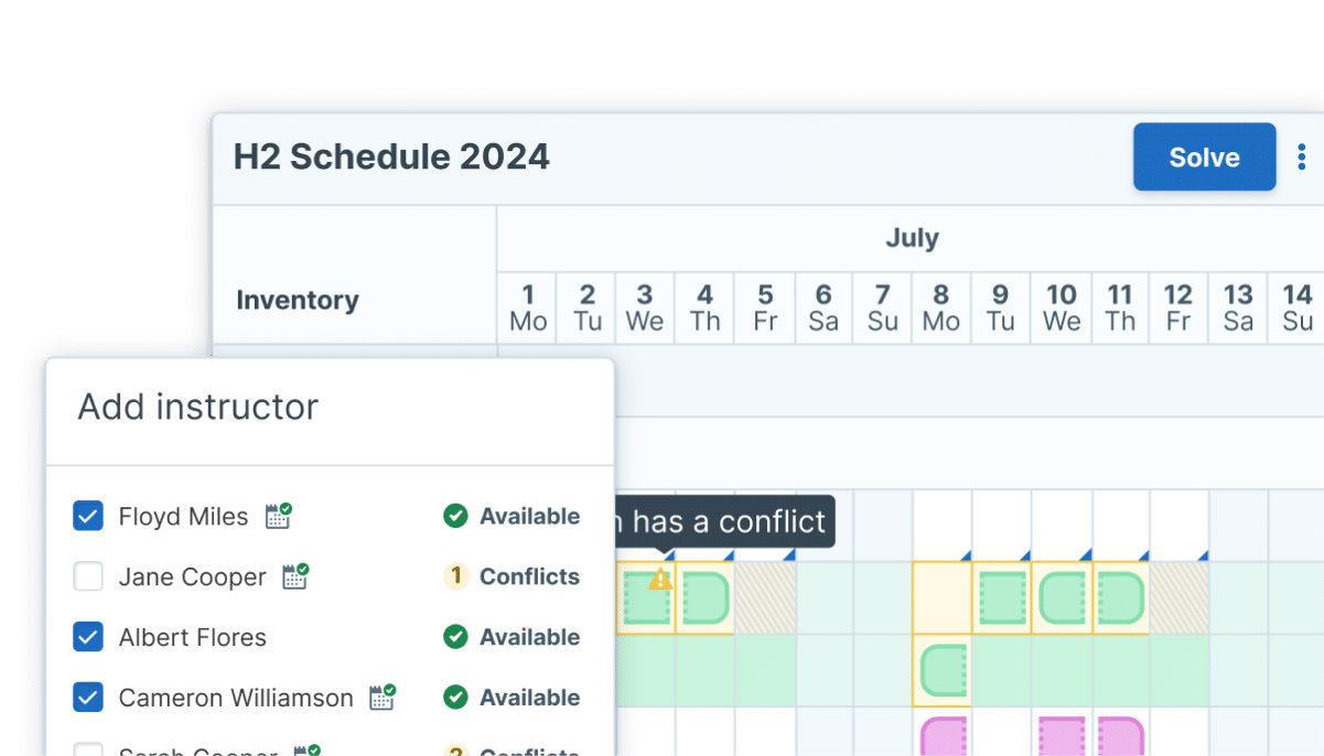 Screenshots of Scheduler, an AI powered planning tool within Administrate, the user is adding an instructor and syncing calendars in real time