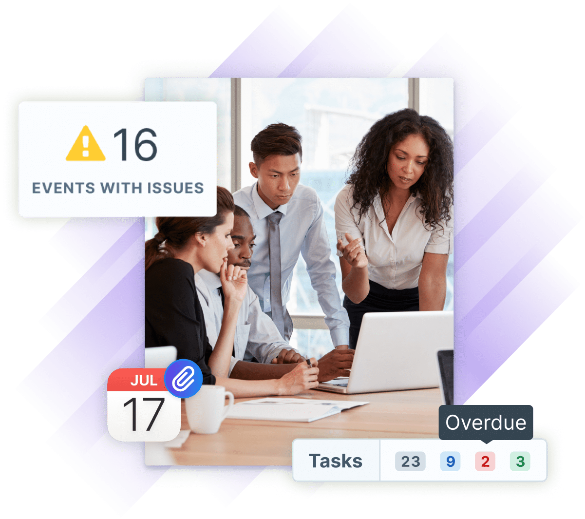 Illustration of a training team working in a boardroom around a laptop while alerts and notifications from Administrate float around them.