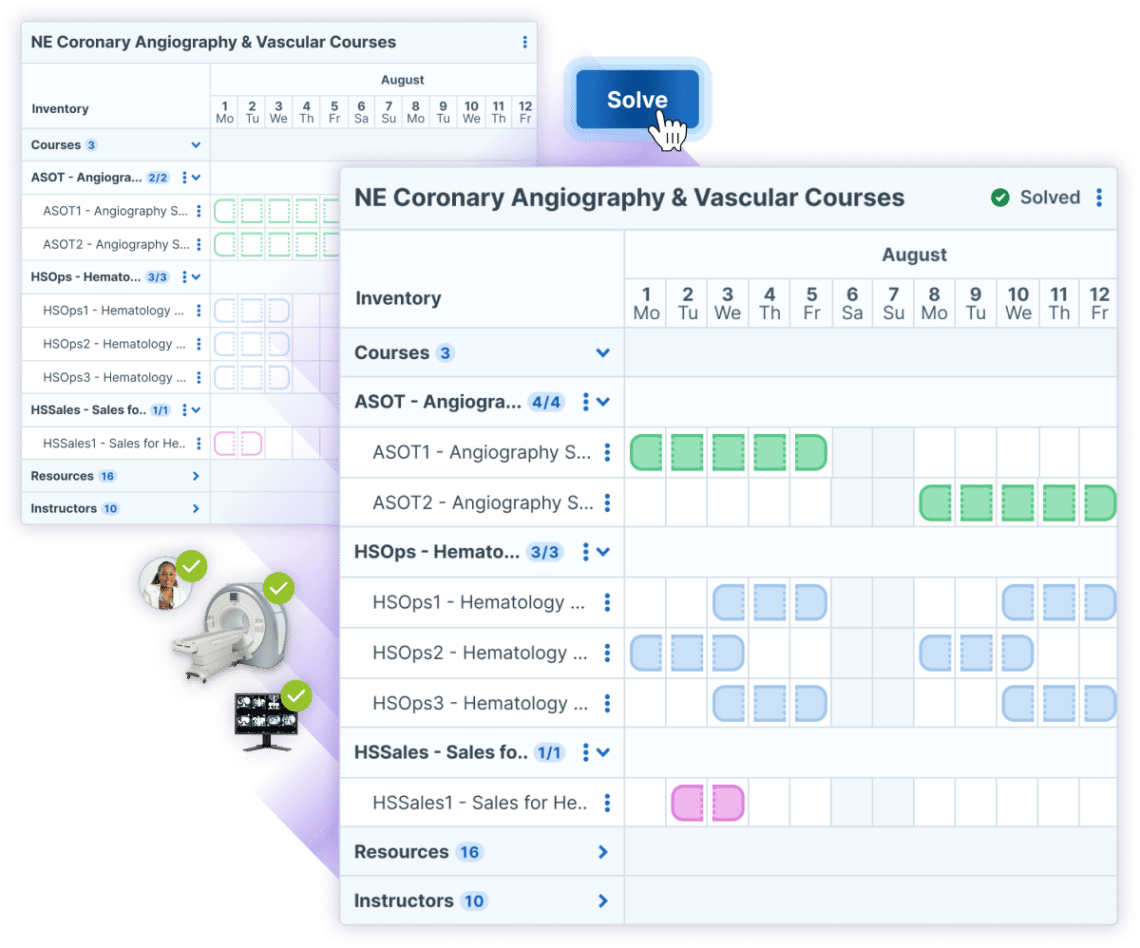Illustration of Administrate's Scheduler solving a schedule for NE Coronary Angiography & Vascular courses. The image demonstrates a user clicking the 'Solve' button and receiving a fully solved plan. The interface displays various courses, resources, and instructors.