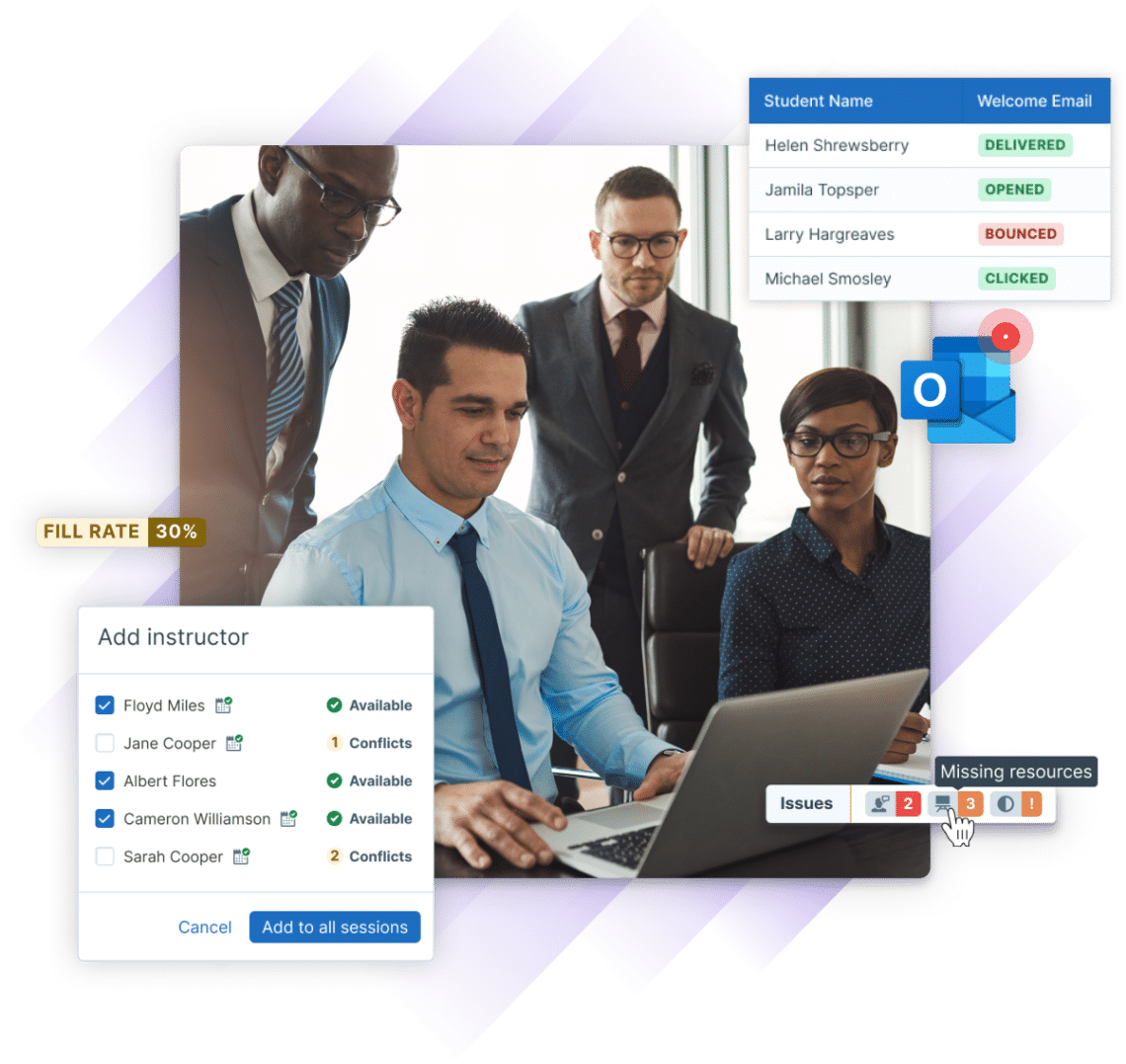 Training team in a board room looking at one colleague's screen, while UI elements from Administrate such as fill rate indicator, email statuses, and instructor modal float around the image.