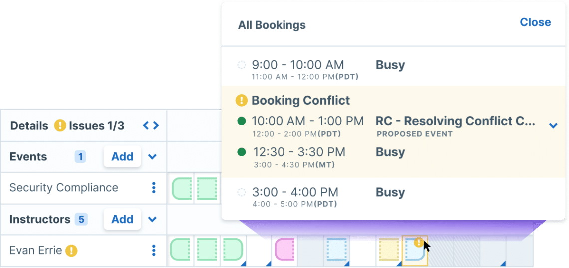 Detail of the Scheduler’s booking conflict modal.