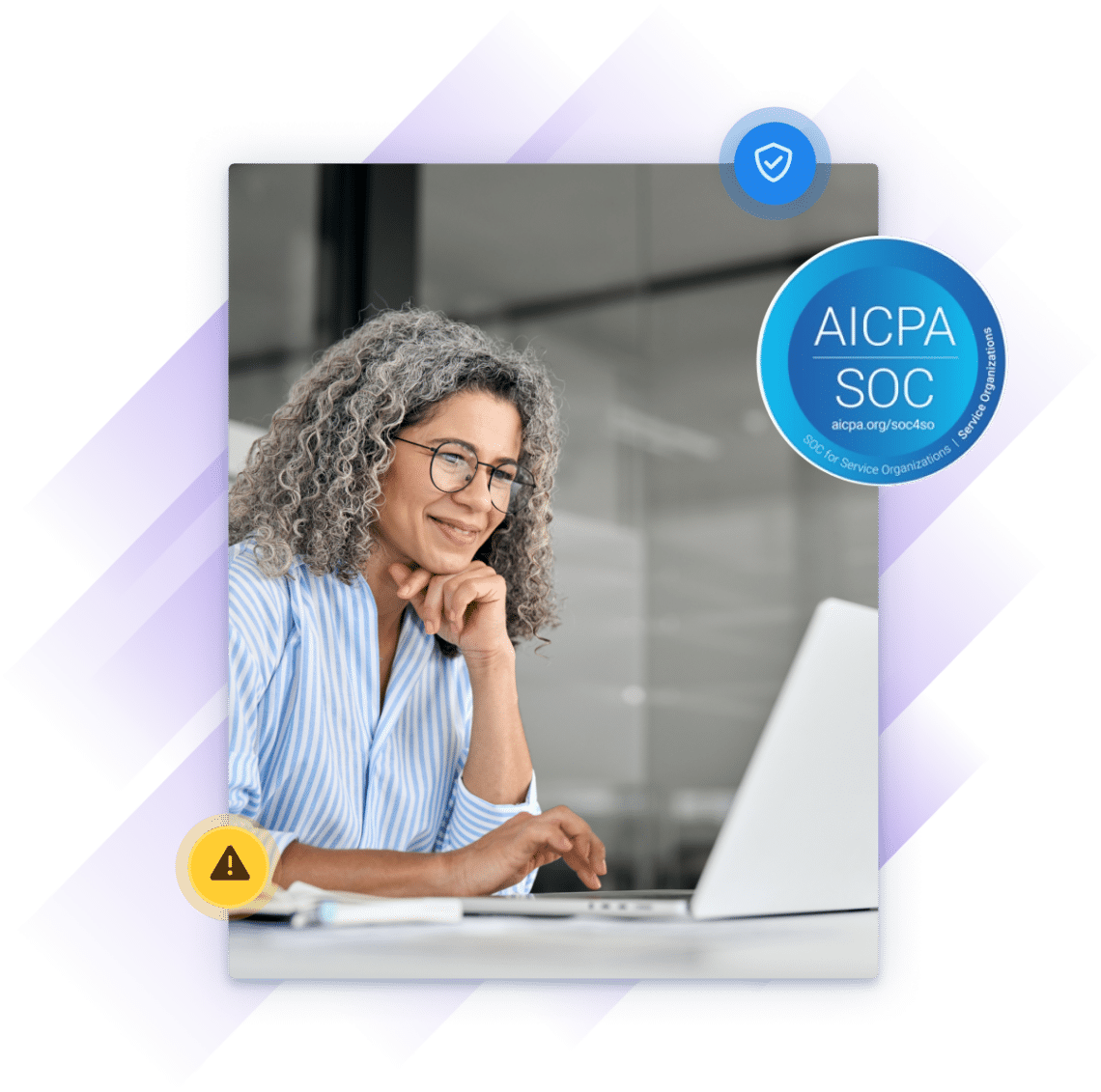 Illustration of woman on laptop in her office while alerts and security certifications float around her.