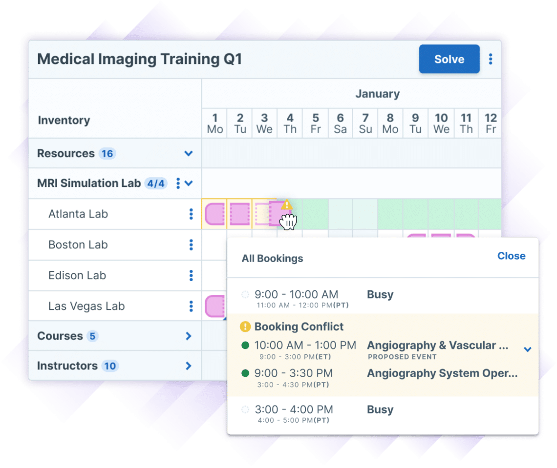 Illustration of a Medical Imaging Training Q1 schedule in Administrate's Scheduler, showing resource and room assignments for MRI Simulation Labs in January. The schedule lists four labs: Atlanta, Boston, Edison, and Las Vegas, with a conflict warning in Boston Lab on January 5th. A hand cursor is dragging an assignment within the schedule and the interface is showing where there are already conflicts. At the same time, calendar information is overlaid with an image of the instructor who has the conflict and his calendar showing that he is out of office on the original day, but free on the second day.