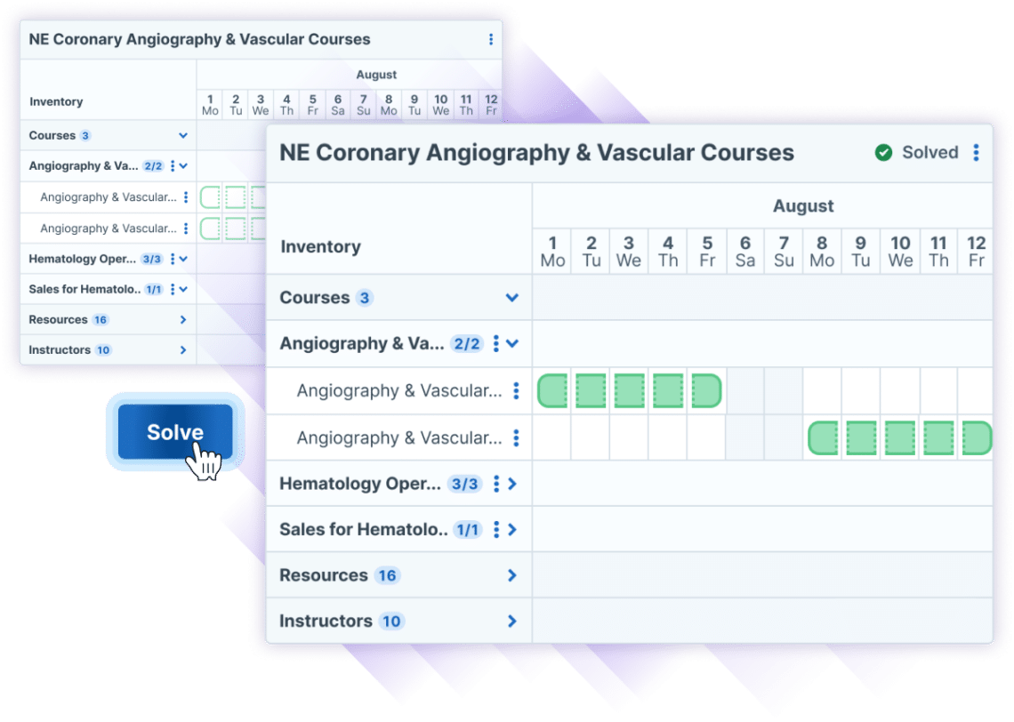 Illustration of Administrate's Scheduler solving a schedule for NE Coronary Angiography & Vascular courses. The image demonstrates a user clicking the 'Solve' button and receiving a fully solved plan. The interface displays various courses, resources, and instructors.