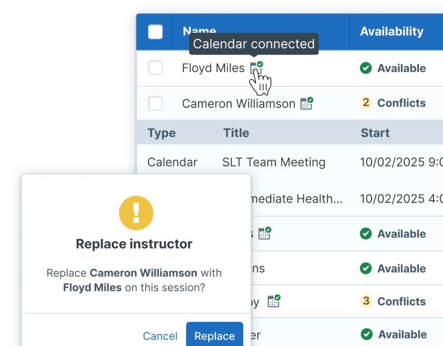 Screenshots of an interface showing instructor availability and calendar connections in Administrate's Scheduler. An inset dialog box prompts to 'Replace instructor,' asking whether to replace Cameron Williamson with Floyd Miles for a session, with options to 'Cancel' or 'Replace.'