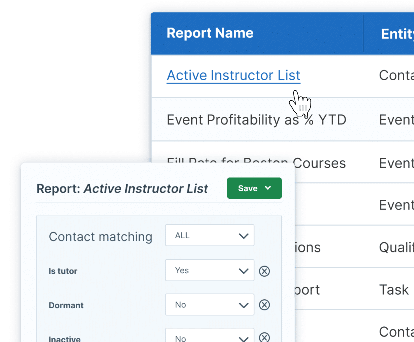 Screenshots of Administrate's reporting interface showing a list of reports with entities such as 'Contact' and 'Event.' A hand cursor is hovering over the 'Active Instructor List' report. An inset window below shows the editing interface for the 'Active Instructor List' report.