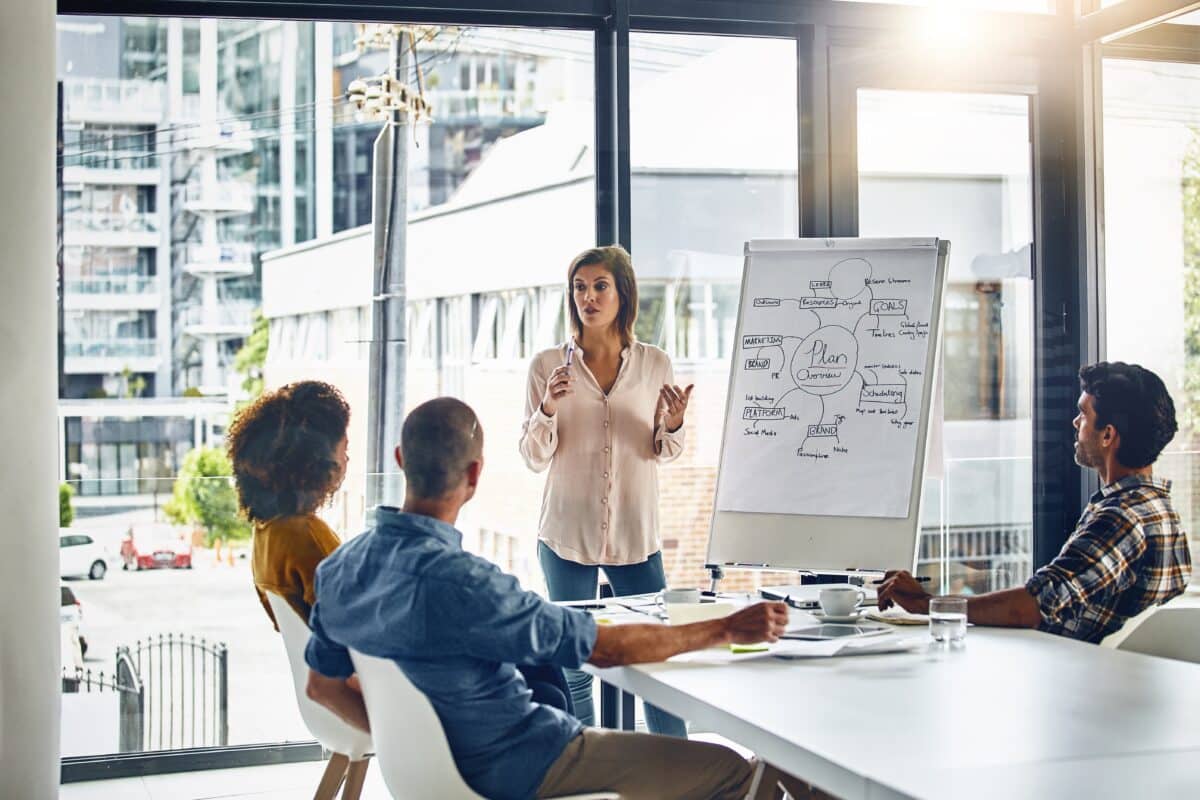 Woman documenting strategy meeting on a white board with team in a boardroom.