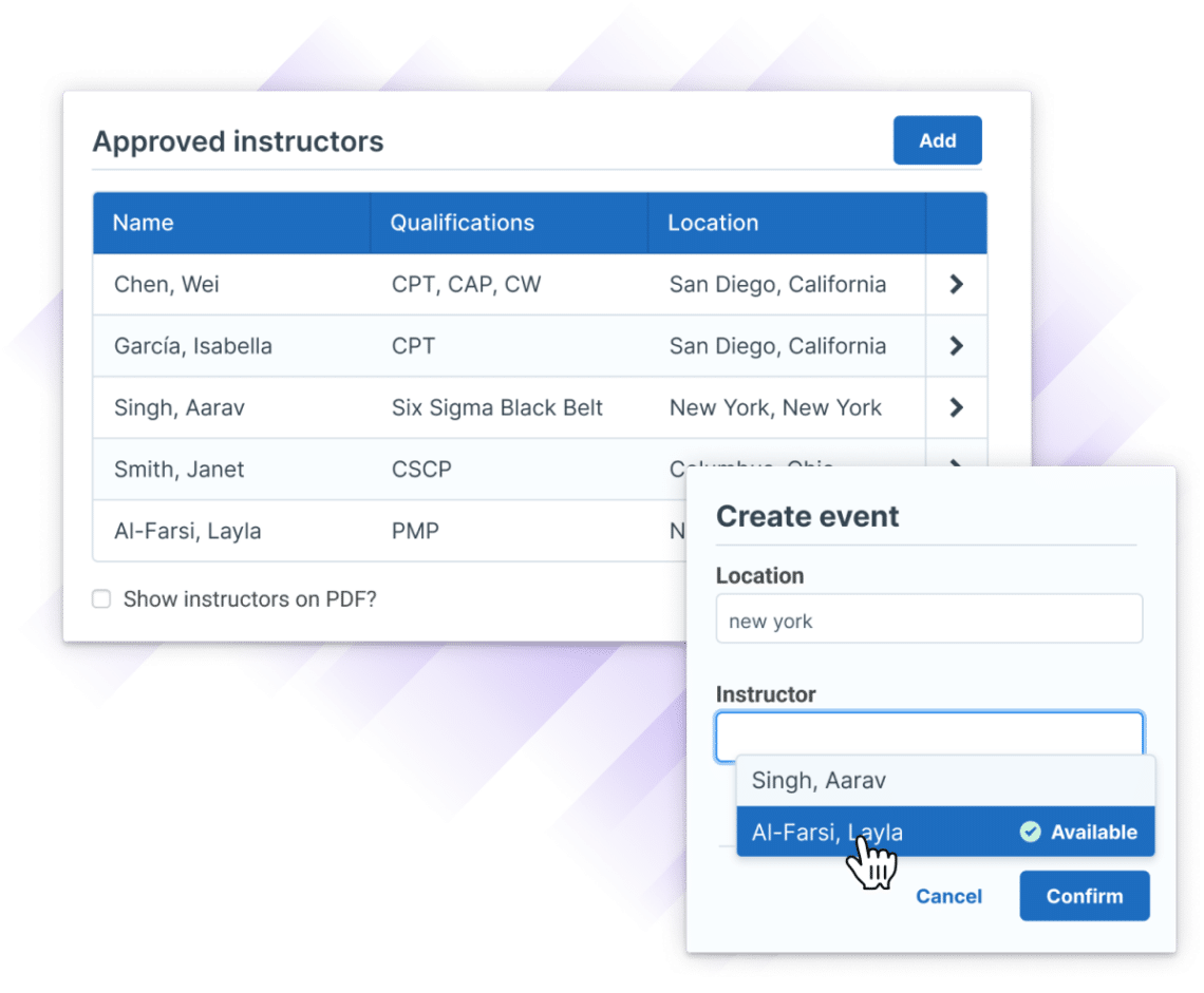 Administrate interface demonstrating approved manufacturing training instructors within a Course Template. The user can note instructor status at the Event level, with options for filtering on metadata like instructor’s location.