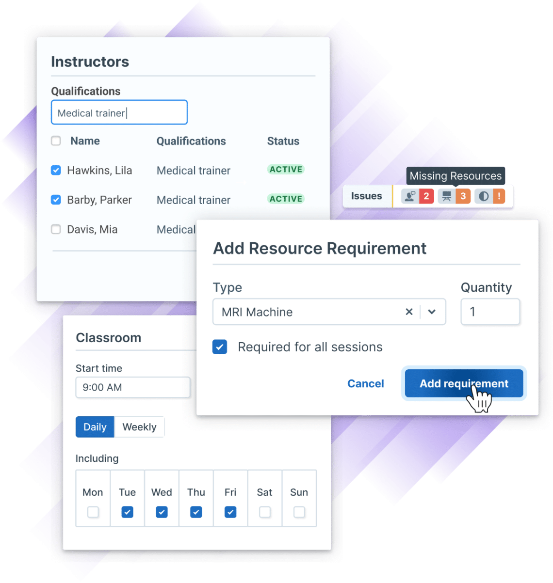 Interface showing instructor qualifications, resource availability, scheduling conflicts, and calendar selection for organizing training sessions.