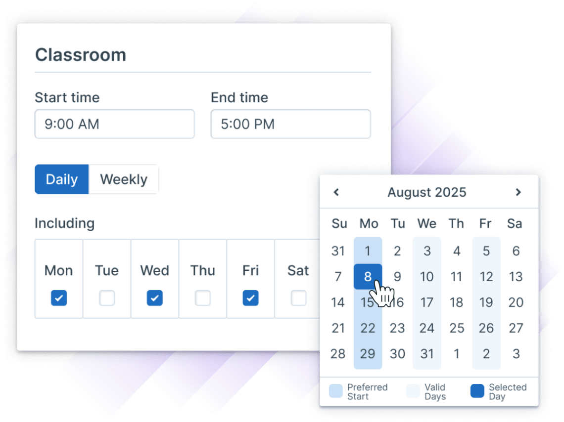 Administrate interface showing Course Templates options to set preferred schedules, including start and end times and specific days. These preferences are then seamlessly carried over into the event creation date-picker.