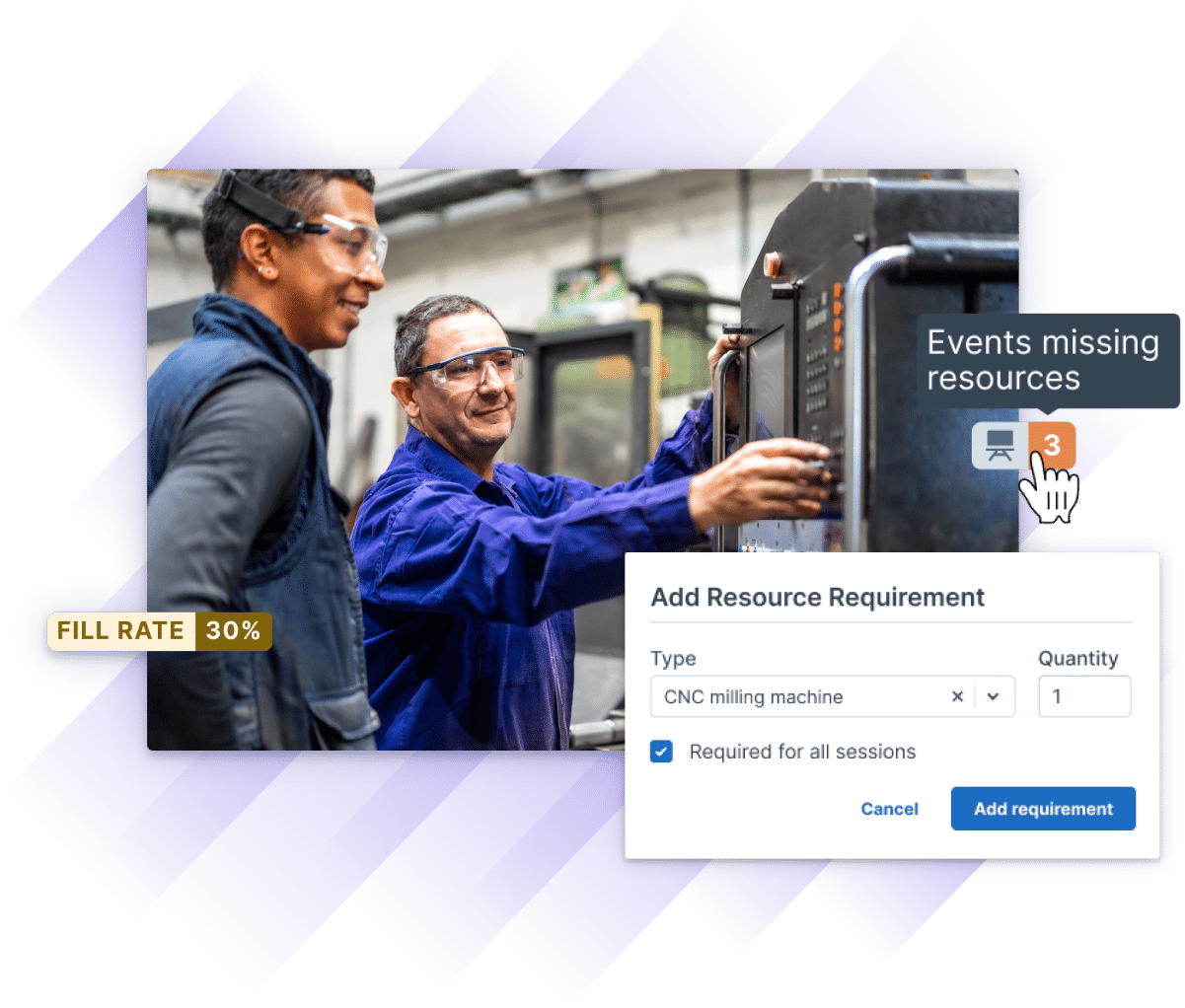 Two workers in protective gear operating a CNC milling machine. Overlaid Administrate interface elements highlight resource management in ILT.