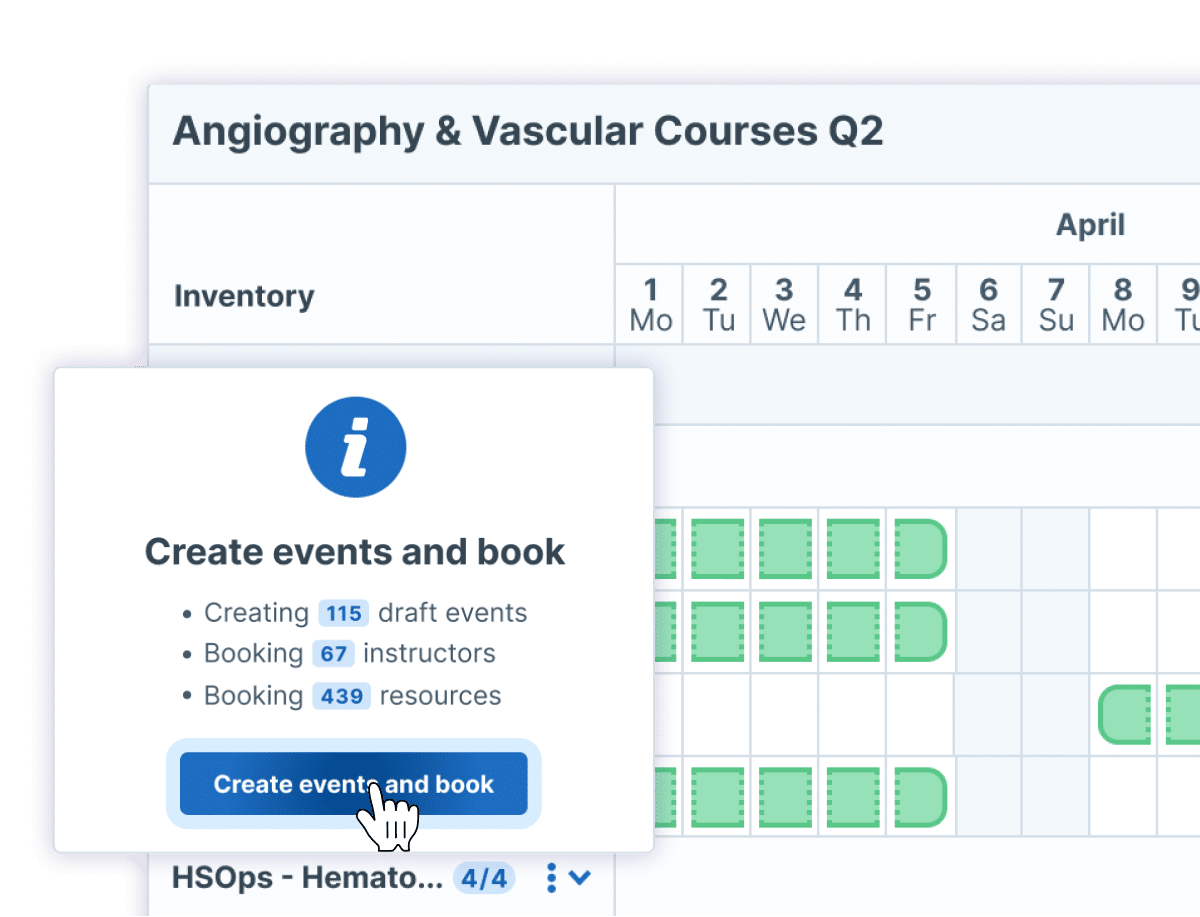 Interface demonstrating how a user can click a button to schedule over a 100 events from a template.